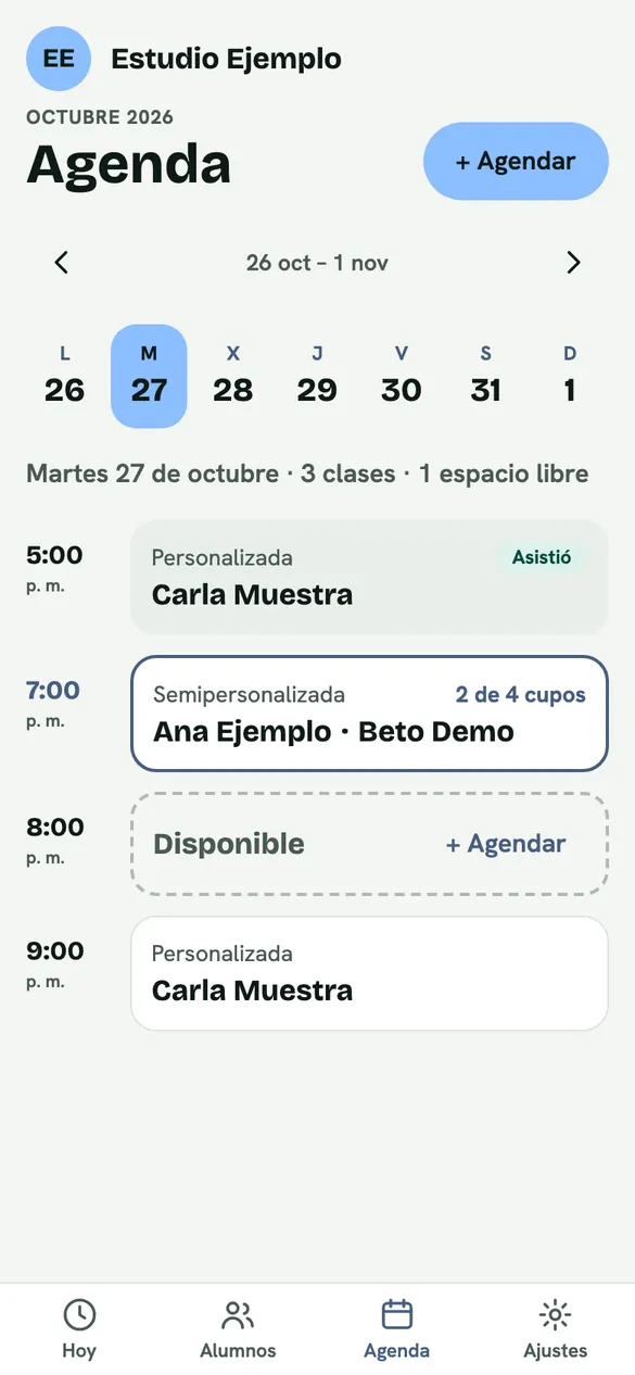 Agenda semanal de la app: los días de la semana y las clases de cada día