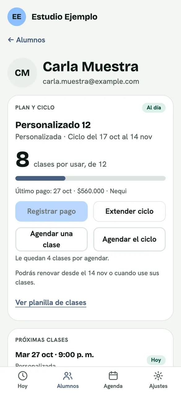 Ficha de un alumno en la app: su plan y las clases que le quedan