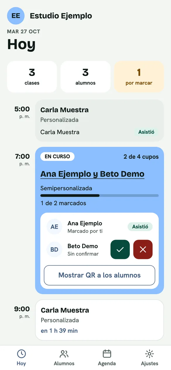 Pantalla «Hoy» de la app: las clases del día y quién falta por marcar